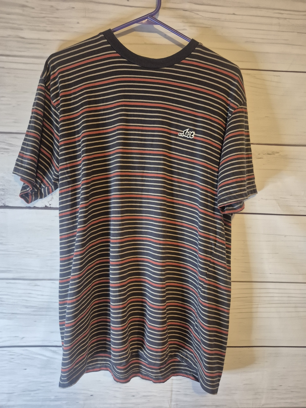 Lost Striped Vintage Style Crewneck Tee in Black, Red, Cream Large